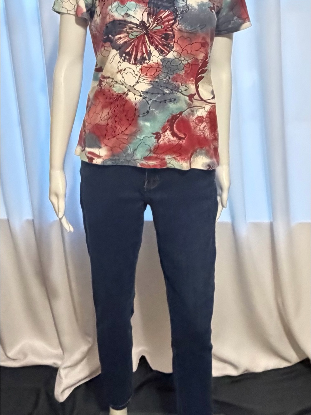 JM Collection Petite Butterfly Floral Embellished Top Short Sleeve Multicolor PM